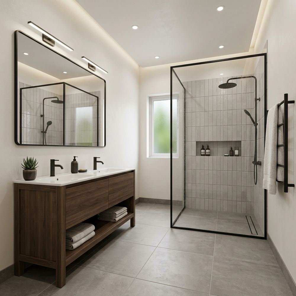 Modern bathroom with floor standing vanity modern floor by Grains Home Pakistan
