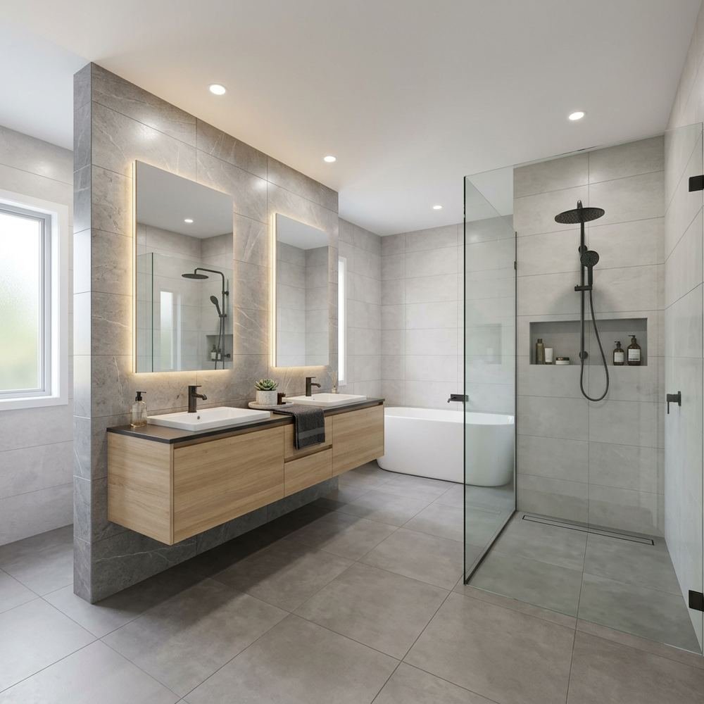 Modern bathroom with floating vanity modern floating by Grains Home Pakistan