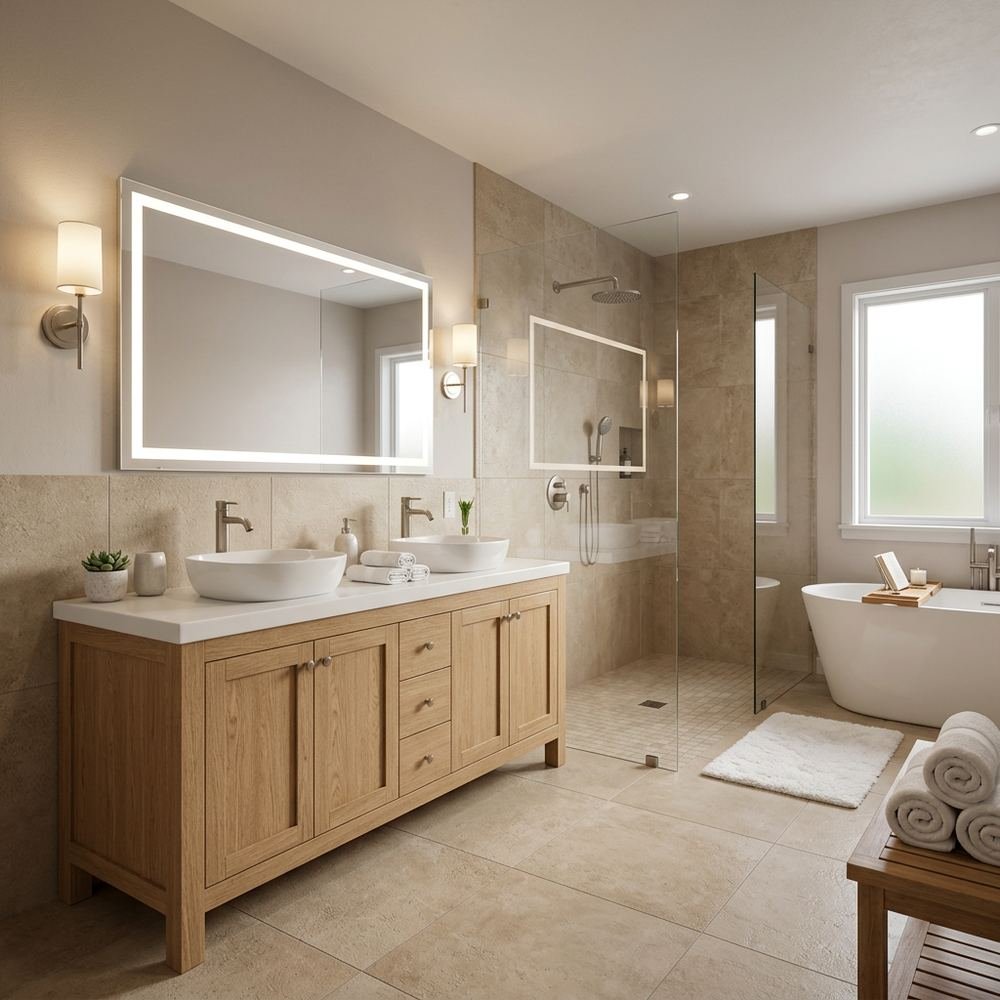 Spa like bathroom with floor standing vanity spa like by Grains Home Pakistan