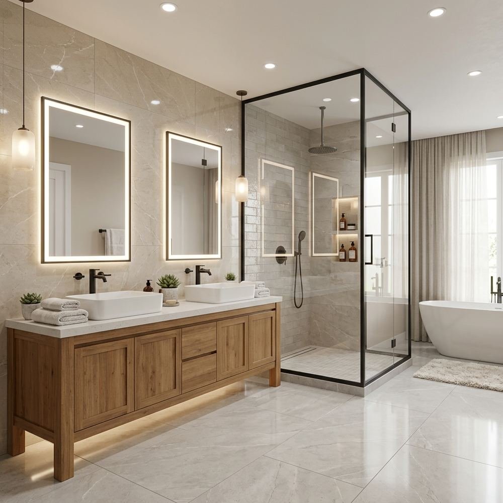 Spa like bathroom with floor standing vanity spa like by Grains Home Pakistan