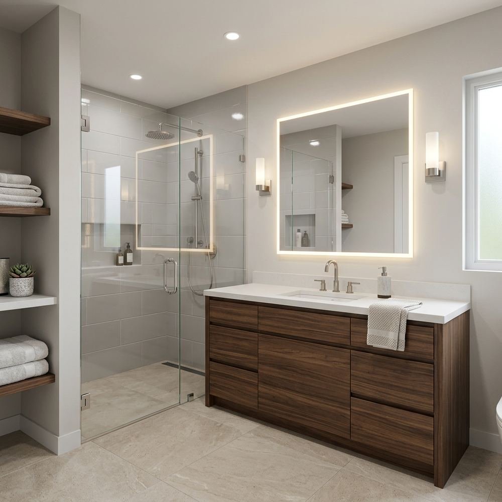 Modern bathroom with floor standing vanity modern floor by Grains Home Pakistan