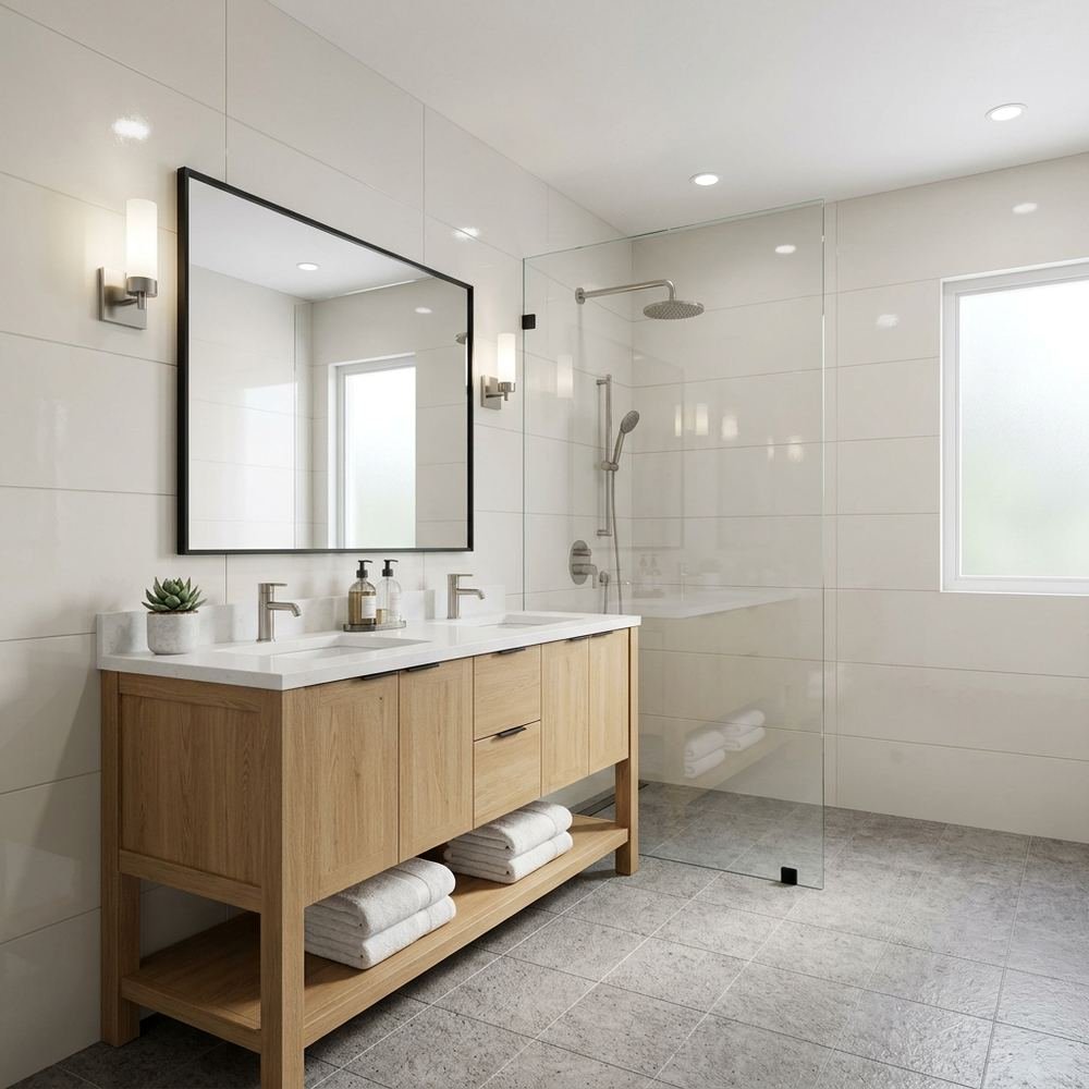 Modern bathroom with floor standing vanity modern floor by Grains Home Pakistan
