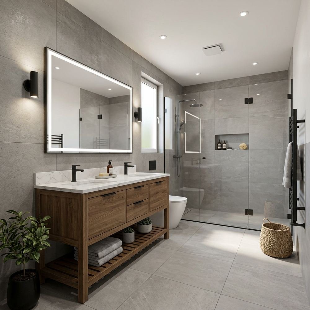 Modern bathroom with floor standing vanity modern floor by Grains Home Pakistan