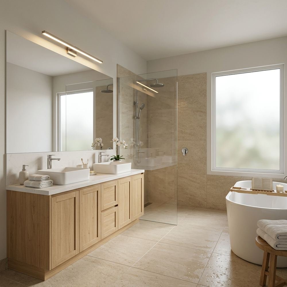 Spa like bathroom with floor standing vanity spa like by Grains Home Pakistan