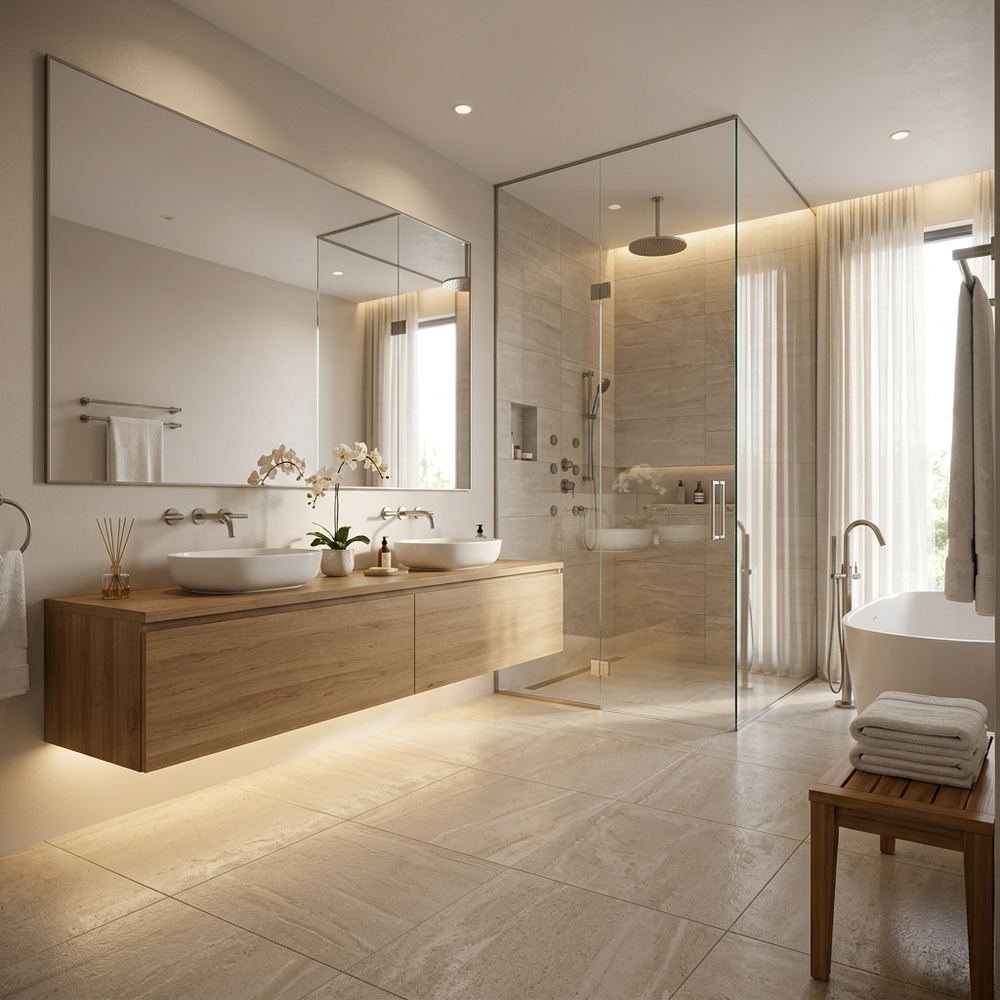 Spa like bathroom with floating vanity spa like floating by Grains Home Pakistan