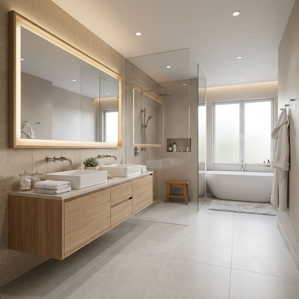 Spa like bathroom with double sink spa like double sink by Grains Home Pakistan
