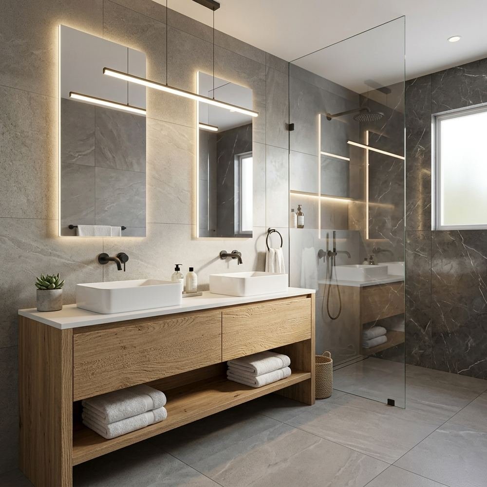 Modern bathroom with floor standing vanity modern floor by Grains Home Pakistan