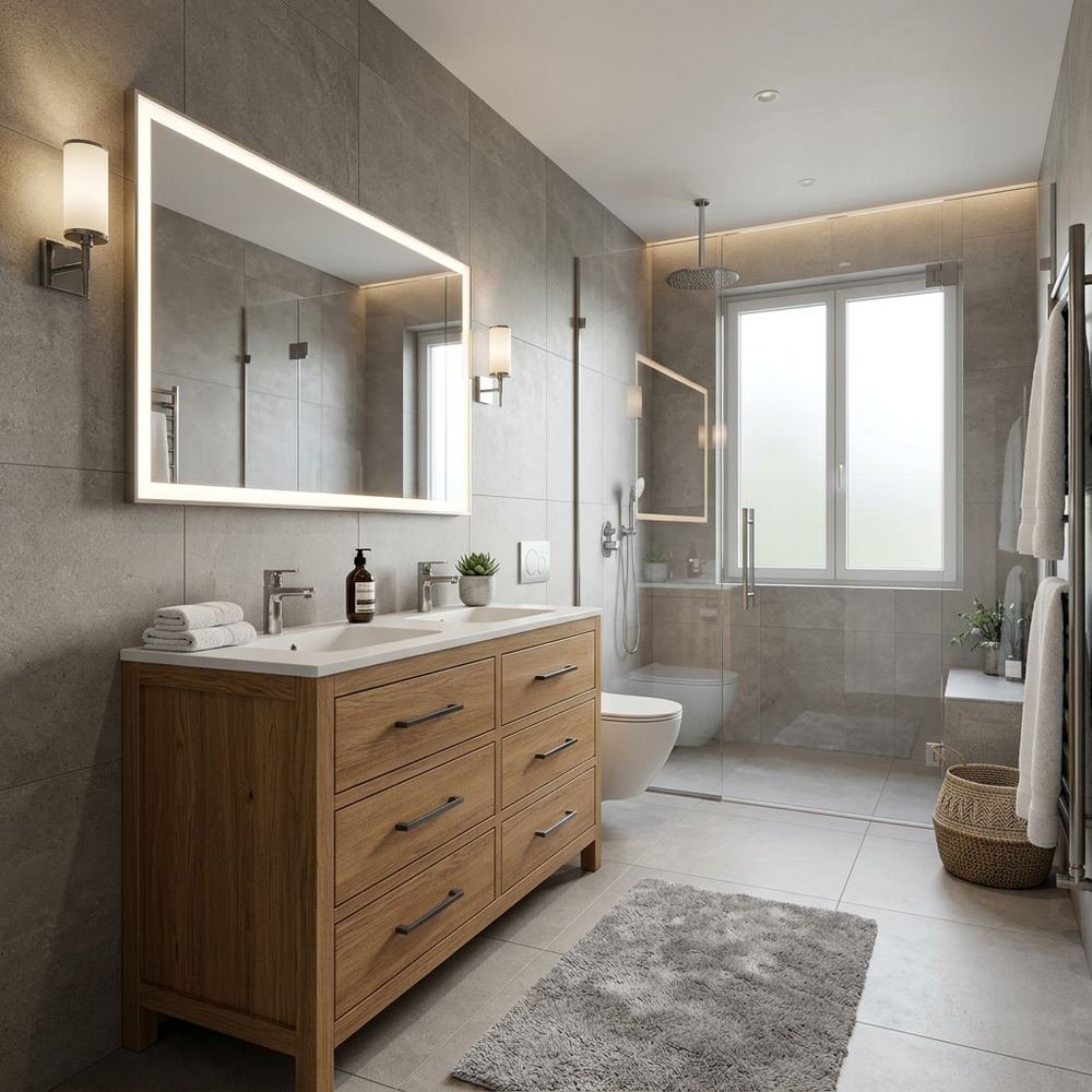Modern bathroom with floor standing vanity modern floor by Grains Home Pakistan