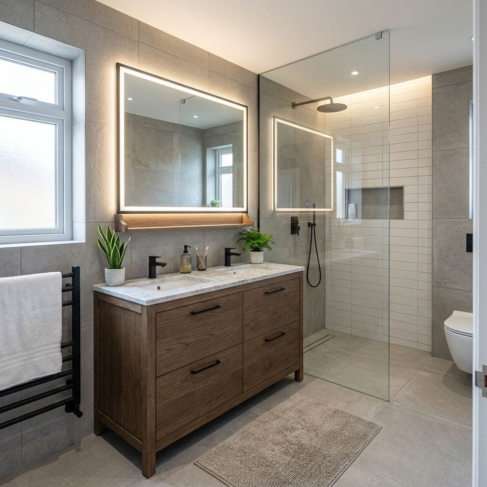 Modern bathroom with floor standing vanity modern floor by Grains Home Pakistan