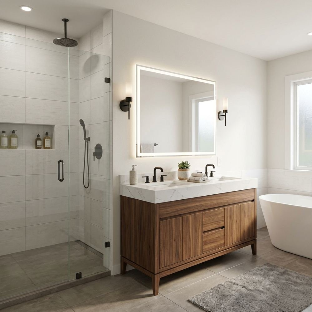 Modern bathroom with floor standing vanity modern floor by Grains Home Pakistan