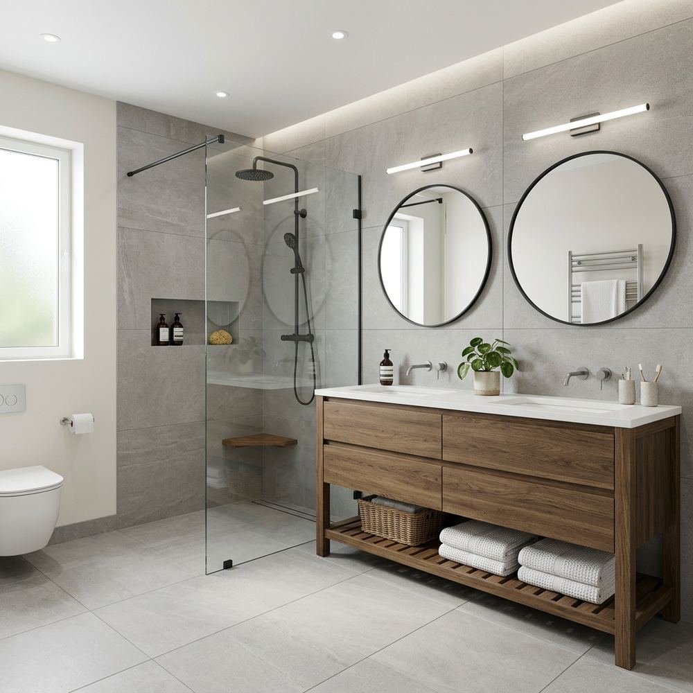 Modern bathroom with floor standing vanity modern floor by Grains Home Pakistan