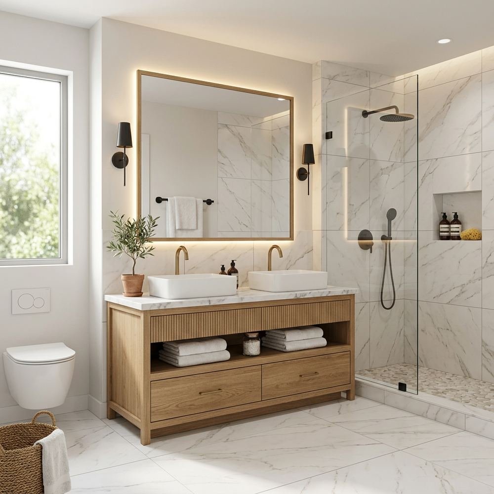 Modern bathroom with floor standing vanity modern floor by Grains Home Pakistan