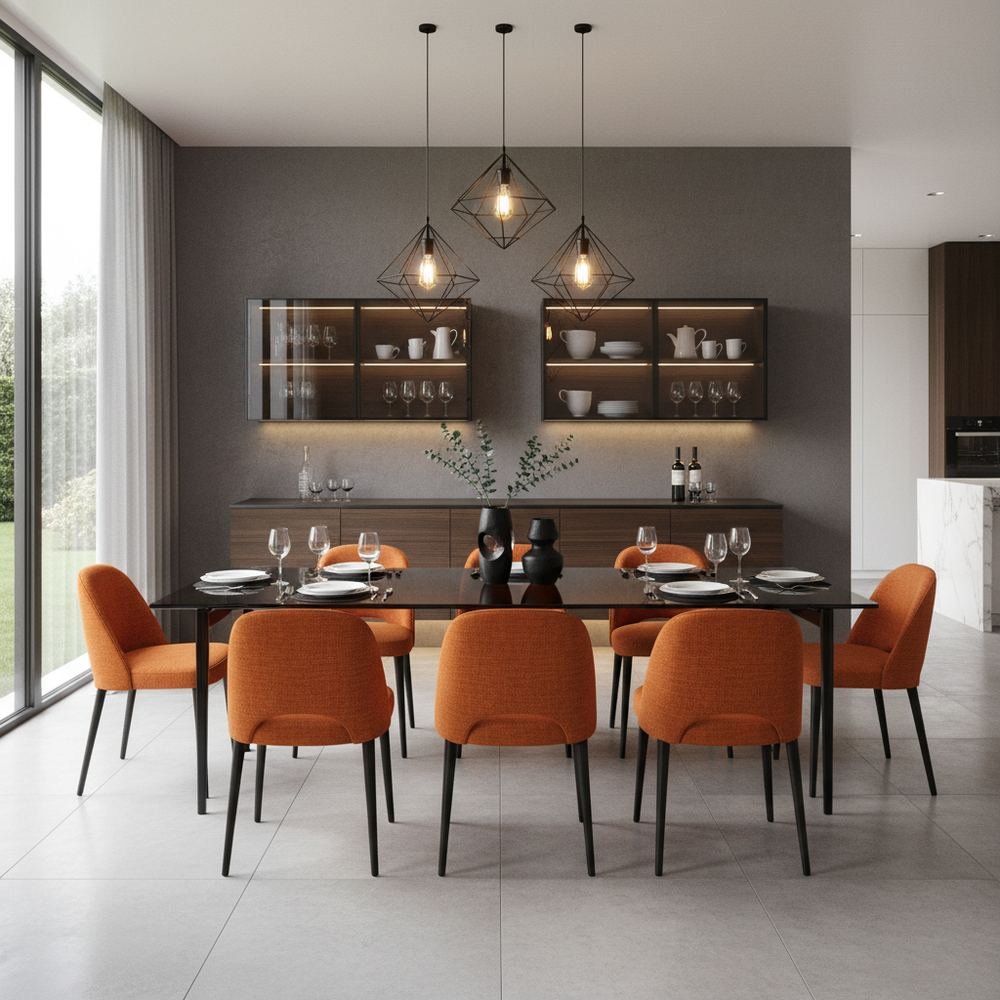 Modern glass top 6 seater dining room with crockery unit by Grains Home Pakistan
