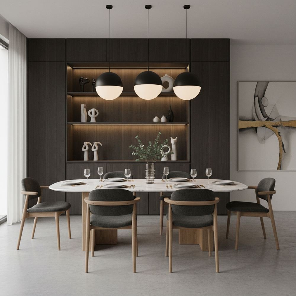 Modern dining room design with oval table and grey chairs by Grains Home Pakistan