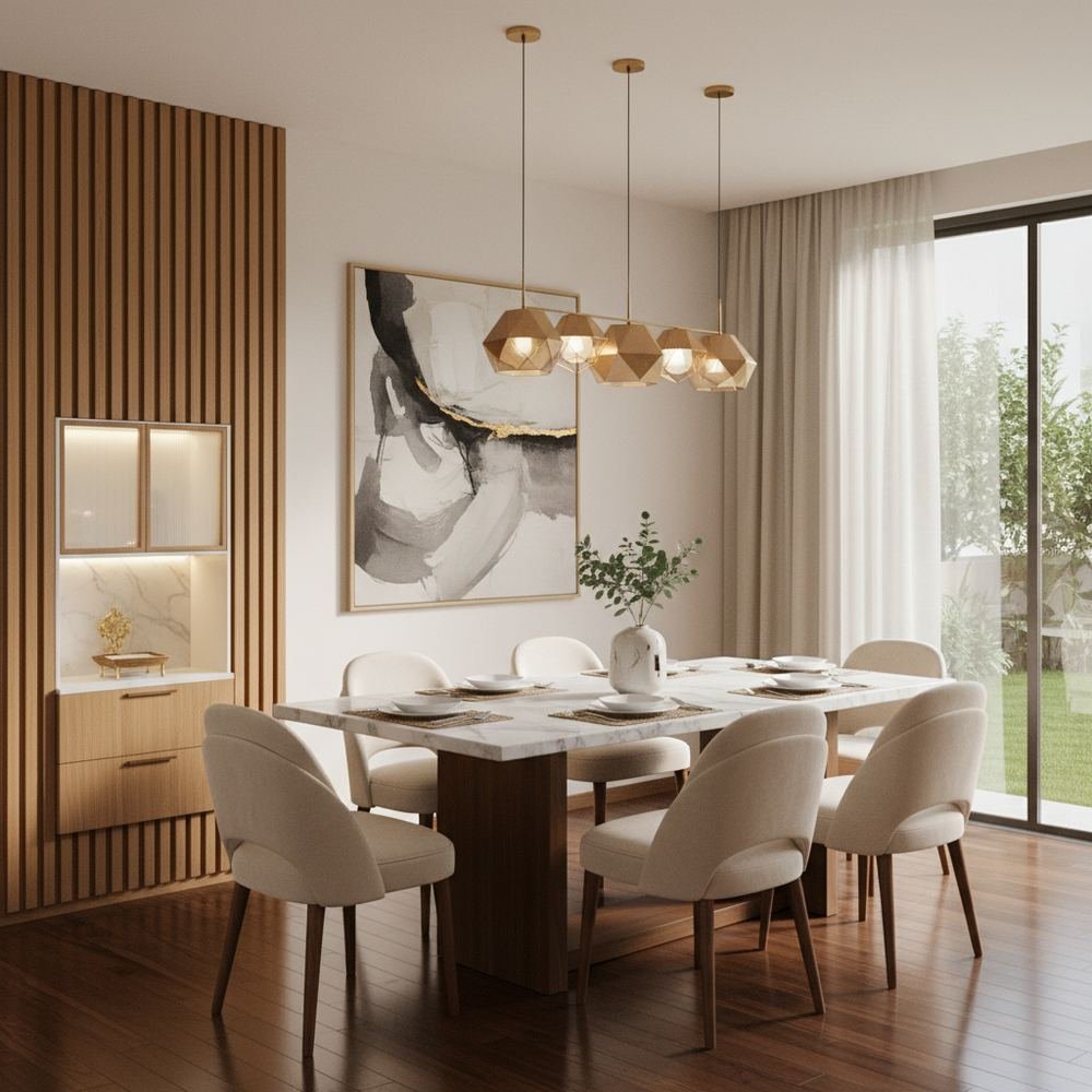 Modern marble top 6 seater dining room with pooja unit by Grains Home Pakistan
