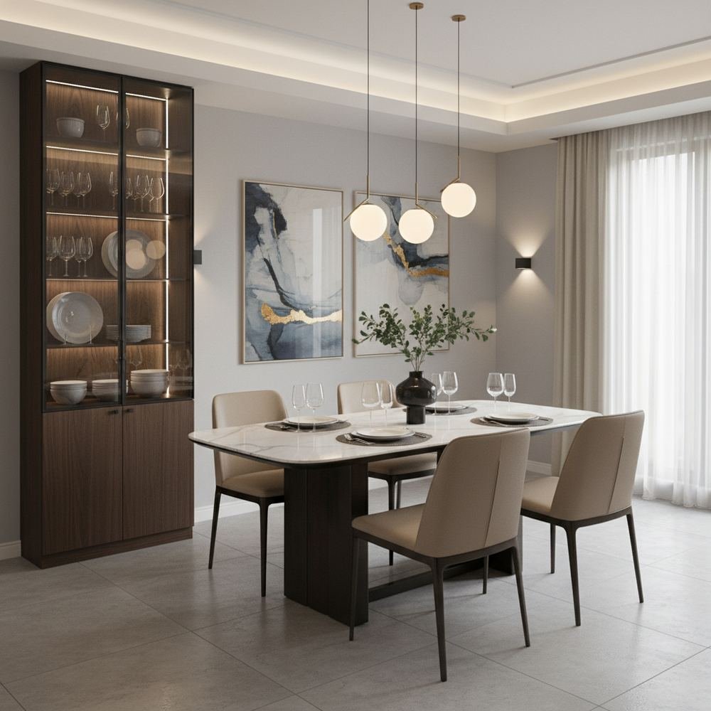 Modern marble top 6 seater dining room with crockery unit by Grains Home Pakistan