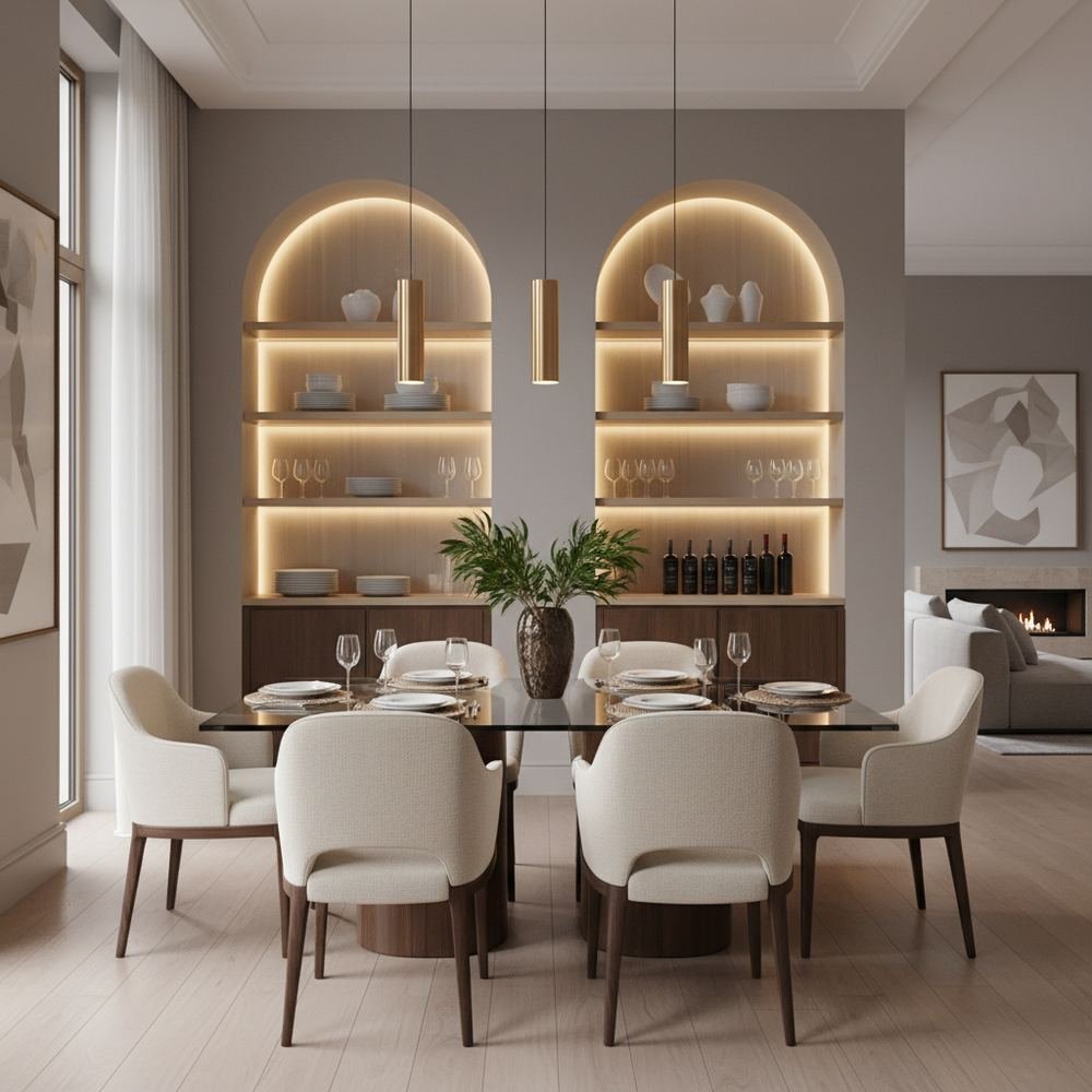 Modern glass top 6 seater dining room with crockery unit by Grains Home Pakistan