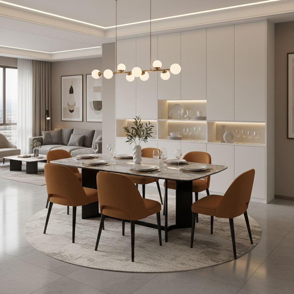Modern marble top 6 seater dining room with crockery unit by Grains Home Pakistan