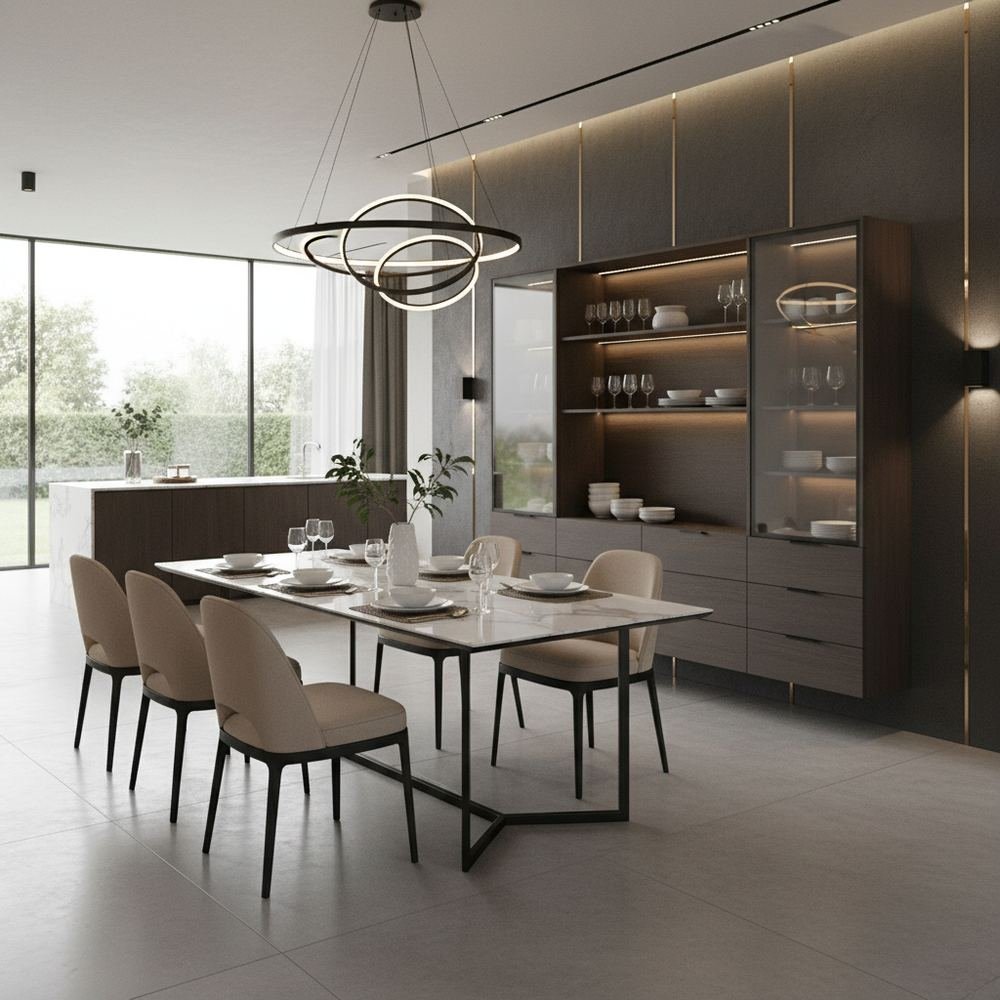 Modern marble top 6 seater dining room with crockery unit by Grains Home Pakistan