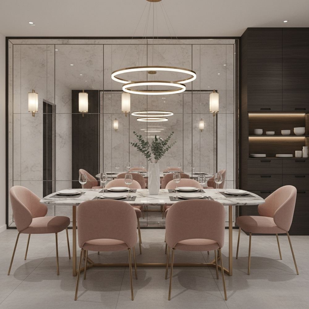 Modern marble top 6 seater dining room with mirrored wall by Grains Home Pakistan