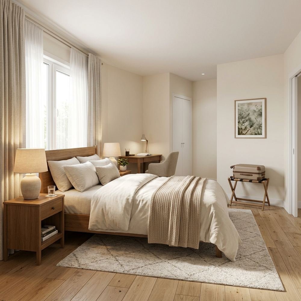 Simple cozy guest bedroom with queen size bed simple cozy by Grains Home Pakistan