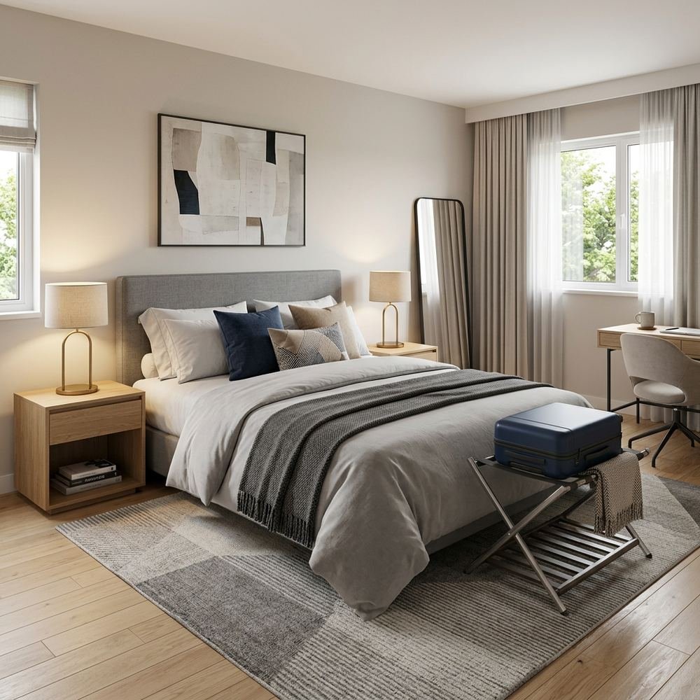 Modern guest bedroom with queen size bed modern queen size by Grains Home Pakistan