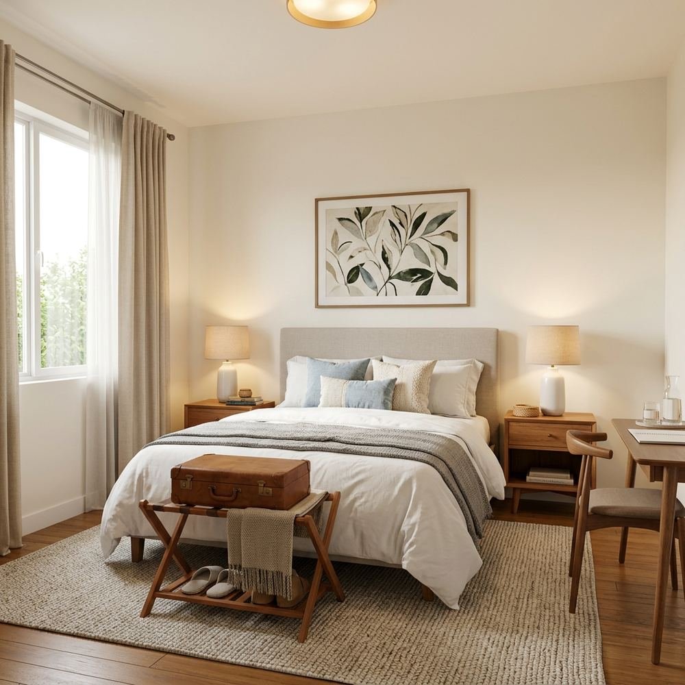 Simple cozy guest bedroom with queen size bed simple cozy by Grains Home Pakistan