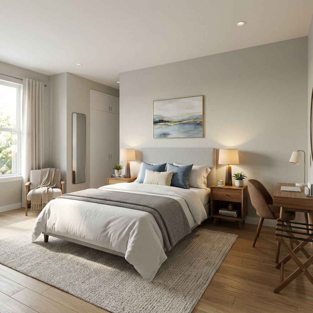 Modern guest bedroom with queen size bed modern queen size by Grains Home Pakistan
