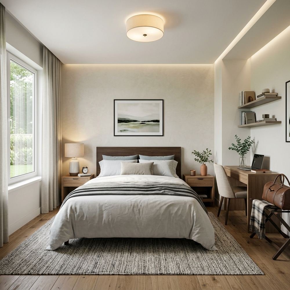 Modern guest bedroom with queen size bed hotel chic queen by Grains Home Pakistan