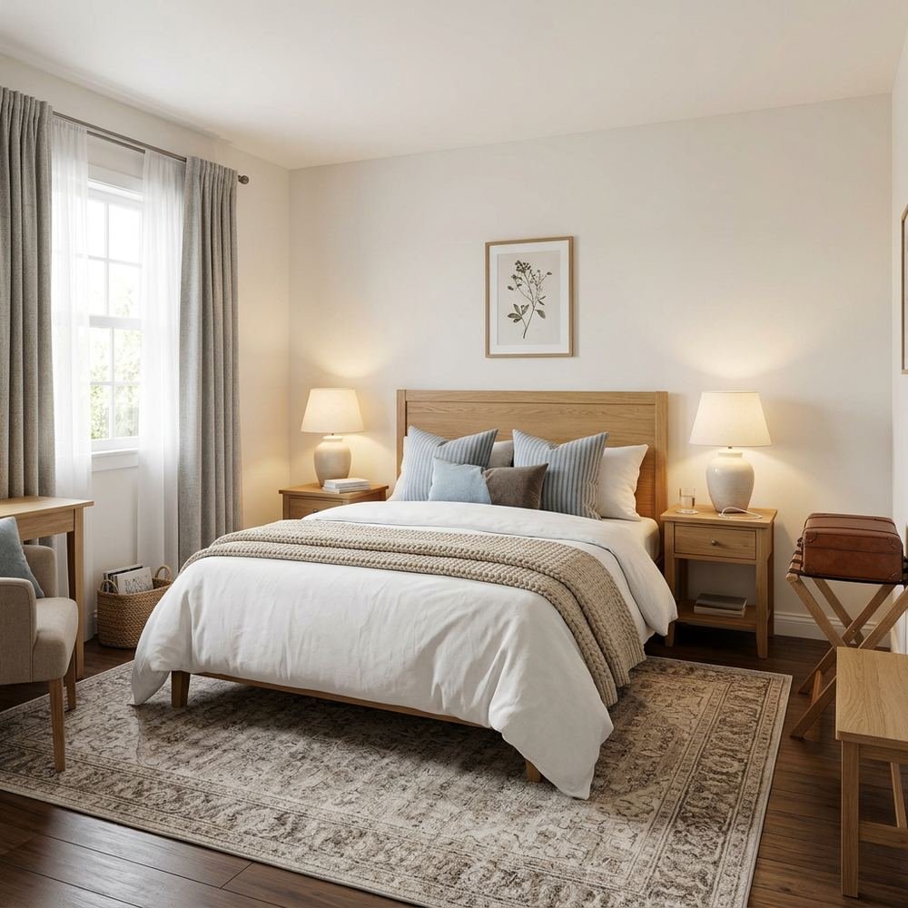 Simple cozy guest bedroom with queen size bed simple cozy by Grains Home Pakistan