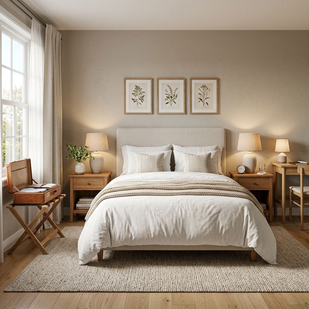 Simple cozy guest bedroom with queen size bed simple cozy by Grains Home Pakistan