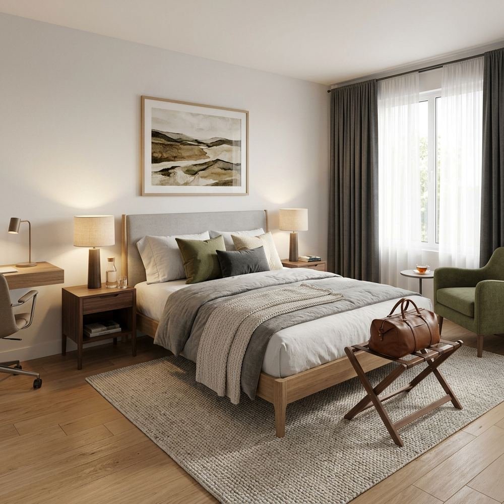 Modern guest bedroom with queen size bed modern queen size by Grains Home Pakistan