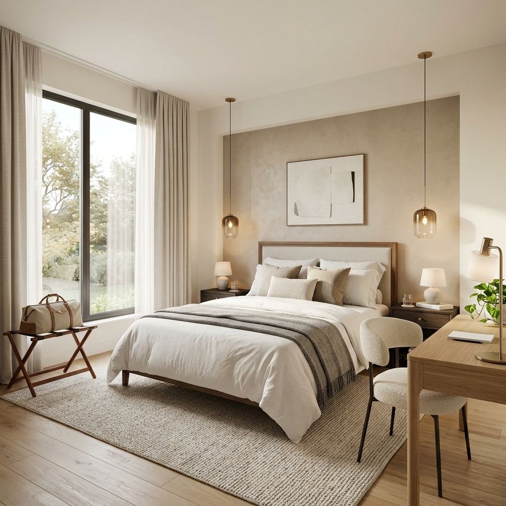 Modern guest bedroom with queen size bed modern queen size by Grains Home Pakistan