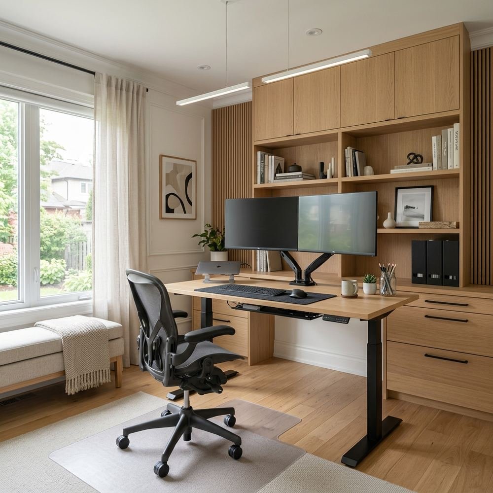 Scandinavian home office with standing desk dedicated by Grains Home Pakistan