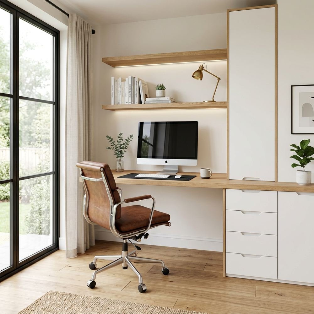 Scandinavian home office design with brown leather swivel by Grains Home Pakistan