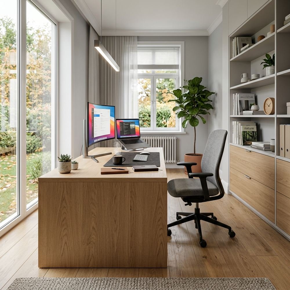 Scandinavian home office with freestanding executive desk by Grains Home Pakistan