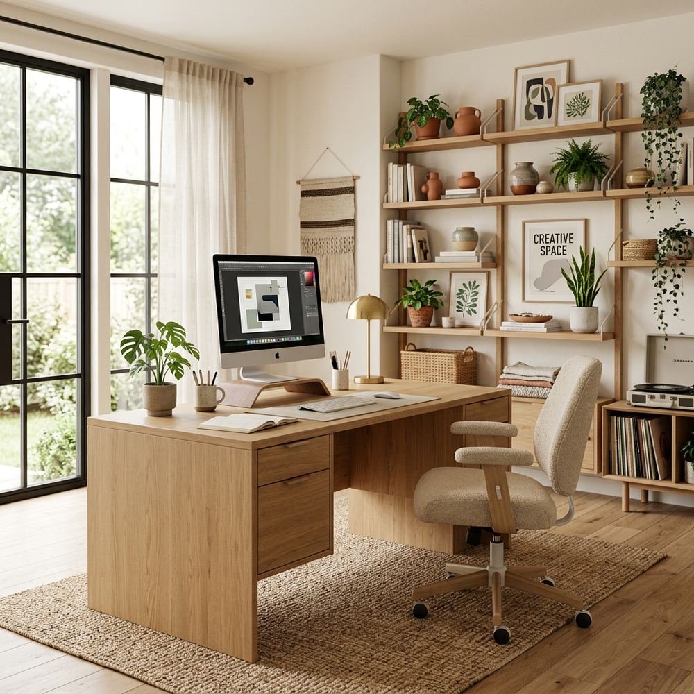 Scandinavian home office with freestanding executive desk by Grains Home Pakistan