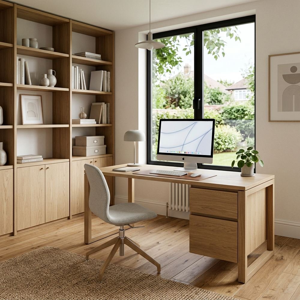 Scandinavian home office with freestanding executive desk by Grains Home Pakistan