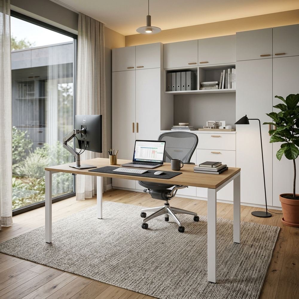 Scandinavian home office with freestanding executive desk by Grains Home Pakistan