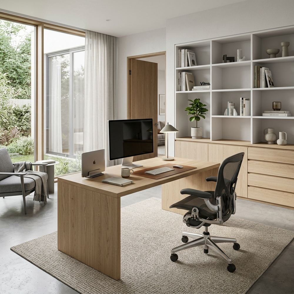 Scandinavian home office with freestanding executive desk by Grains Home Pakistan