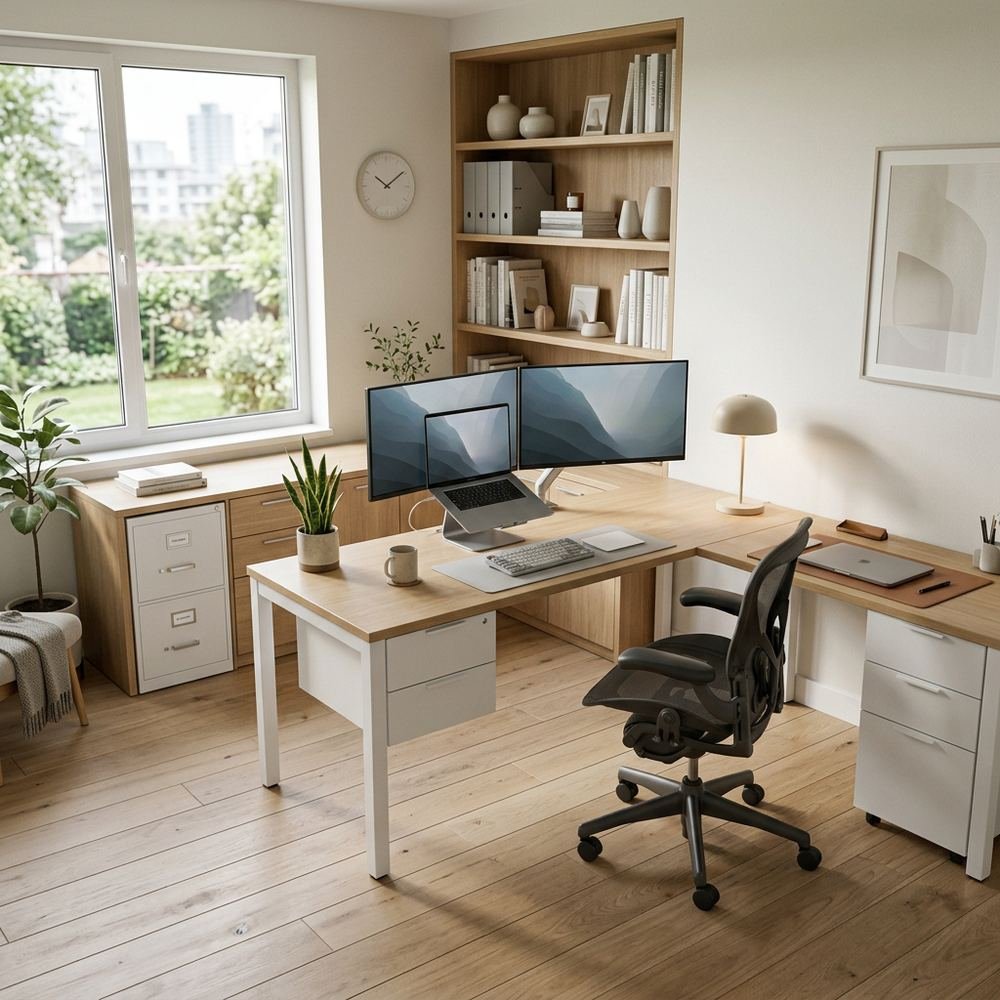 Scandinavian home office with l shaped desk dedicated by Grains Home Pakistan