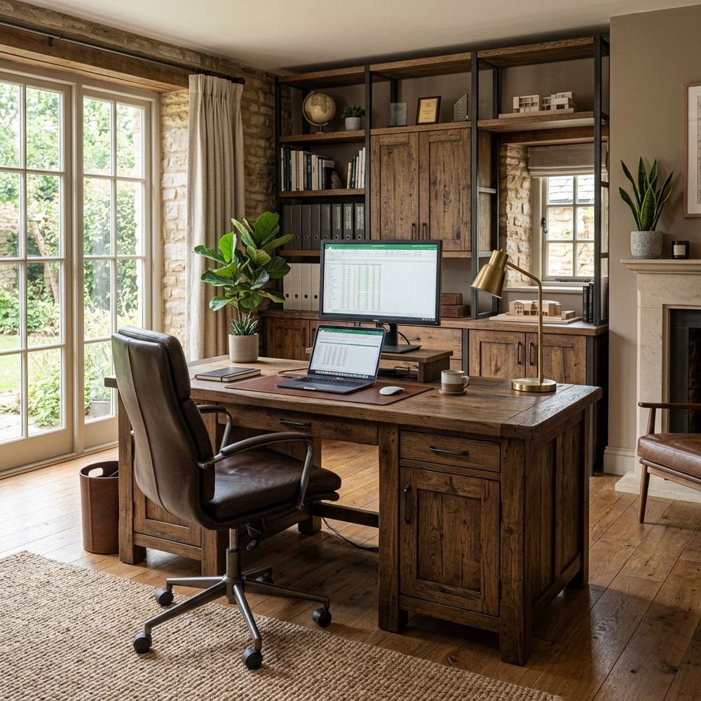 Rustic home office with freestanding executive desk by Grains Home Pakistan