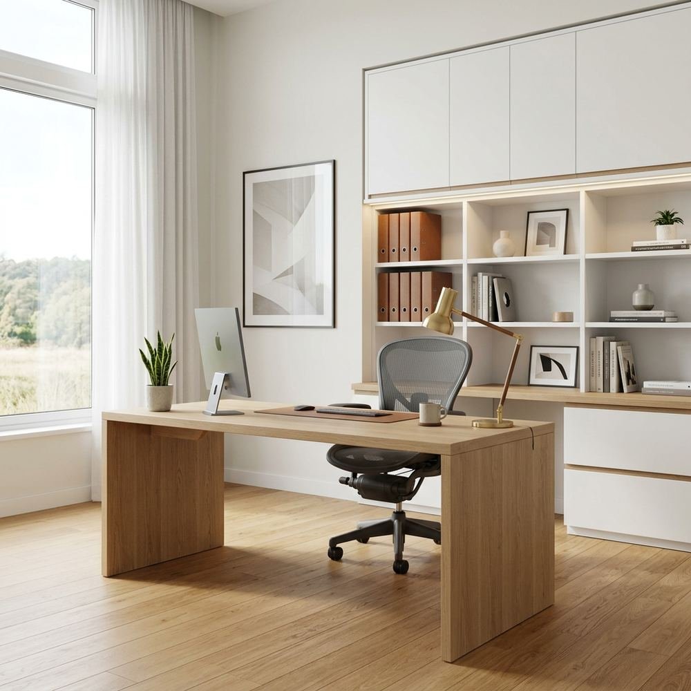 Scandinavian home office with freestanding executive desk by Grains Home Pakistan