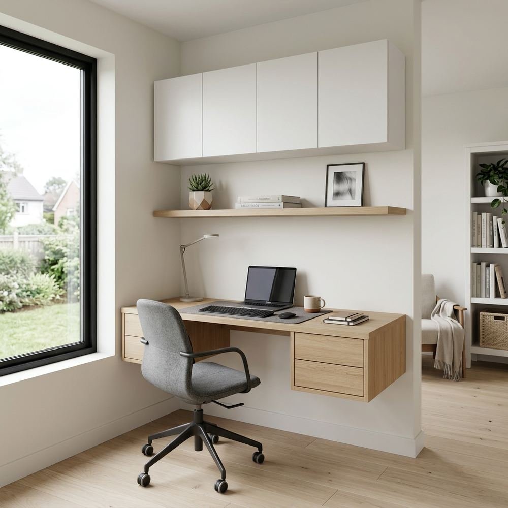 Scandinavian minimalist home office with wall mounted by Grains Home Pakistan