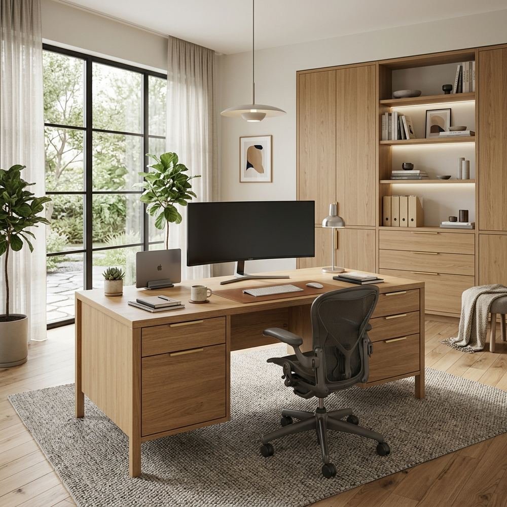 Scandinavian home office with freestanding executive desk by Grains Home Pakistan