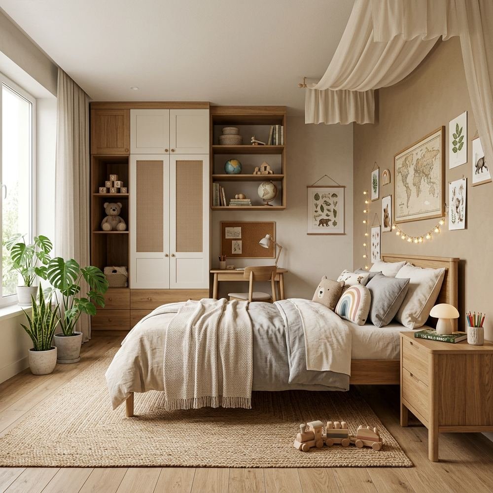 Neutral kids bedroom with single bed neutral single bed by Grains Home Pakistan