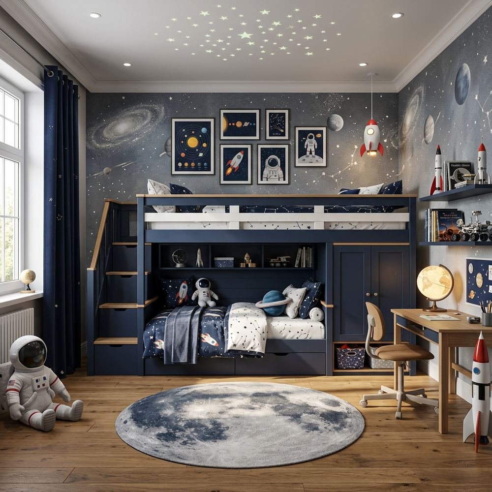 Space theme kids bedroom with bunk bed space galaxy bunk by Grains Home Pakistan