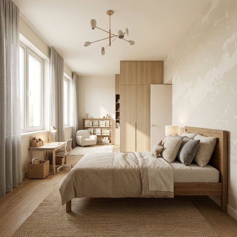 Neutral theme kids bedroom with single bed neutral single by Grains Home Pakistan
