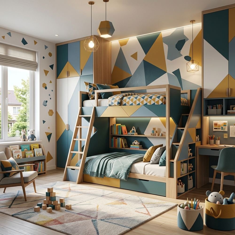 Abstract geometric kids bedroom with bunk bed abstract by Grains Home Pakistan
