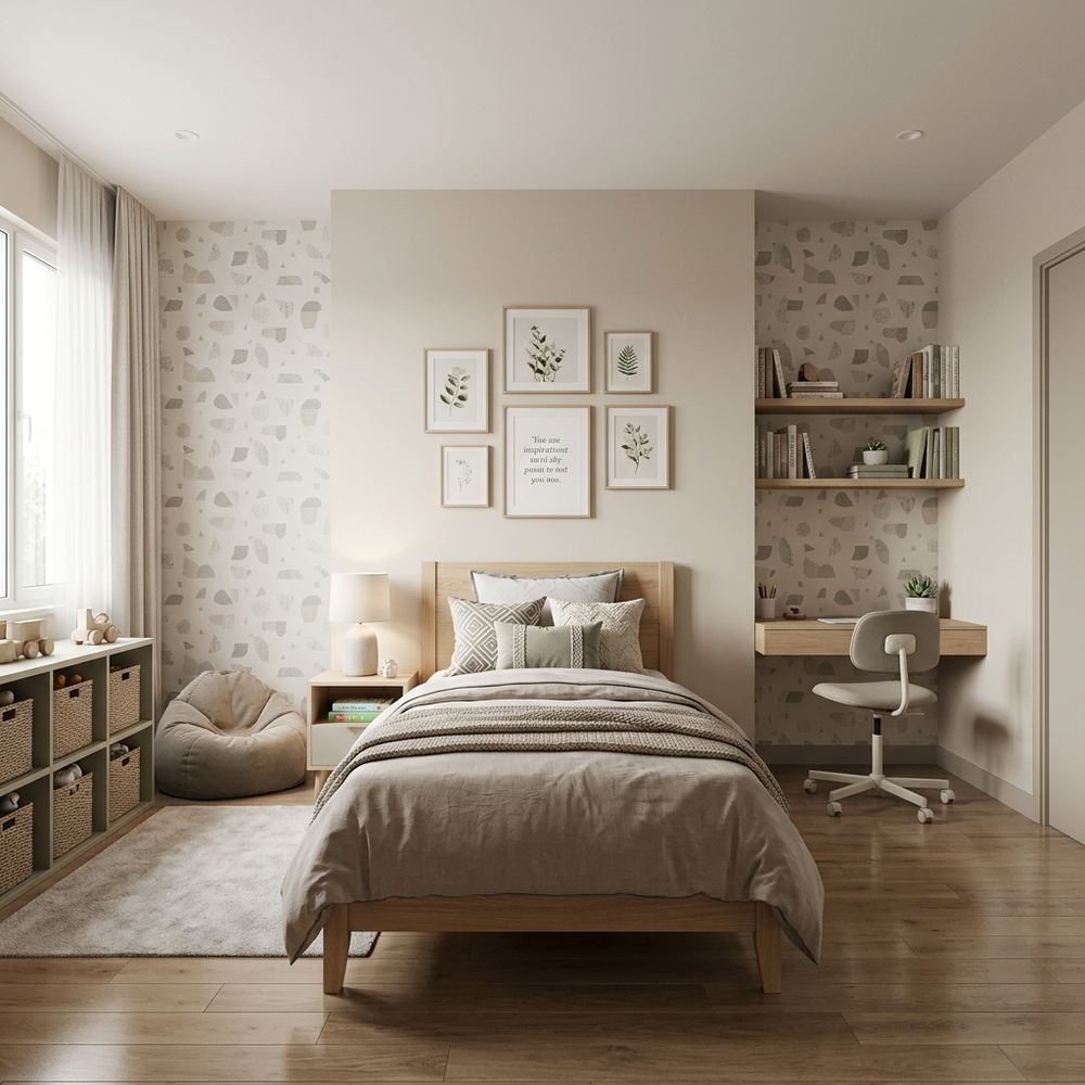 Neutral kids bedroom with single bed neutral single bed by Grains Home Pakistan